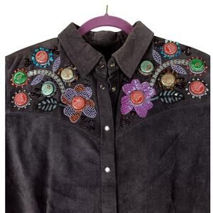 Double D Ranch Vintage Leather Shirt Jacket Women L Purple Bottle Cap Pearl Snap